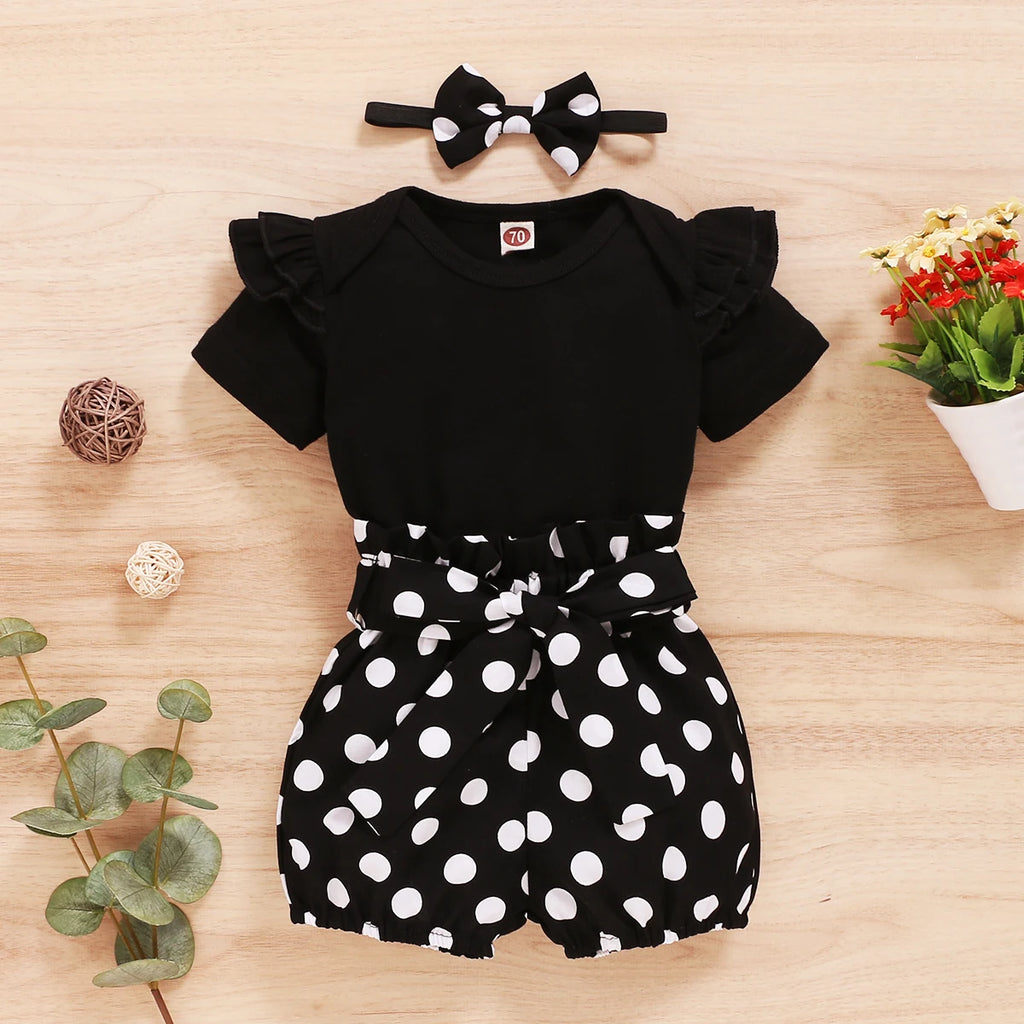 0-18Months Infants Baby Girl Set Black Short Sleeve Bodysuit+Polka Dot Shorts+Headband Toddler Girl Summer Fashion 3PCS Clothing