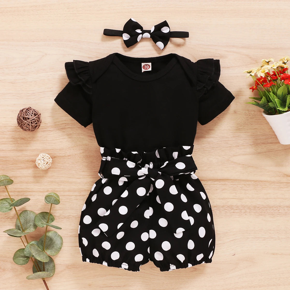 0-18Months Infants Baby Girl Set Black Short Sleeve Bodysuit+Polka Dot Shorts+Headband Toddler Girl Summer Fashion 3PCS Clothing