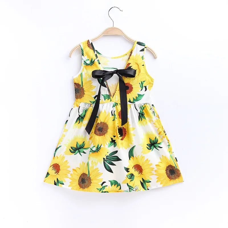 2025 Summer Girls Print Binding Rope Dress For 1-6Years Kids Cotton Sleeveless Sundress Baby Beach Above Knee Mini Casual Dress