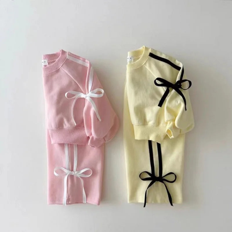 Baby Clothing Set Fashion Bow Decoration Pink Sports Top+Pants Two-piece Sets Sweatshirts Pant Suits 0-5 year old children's set