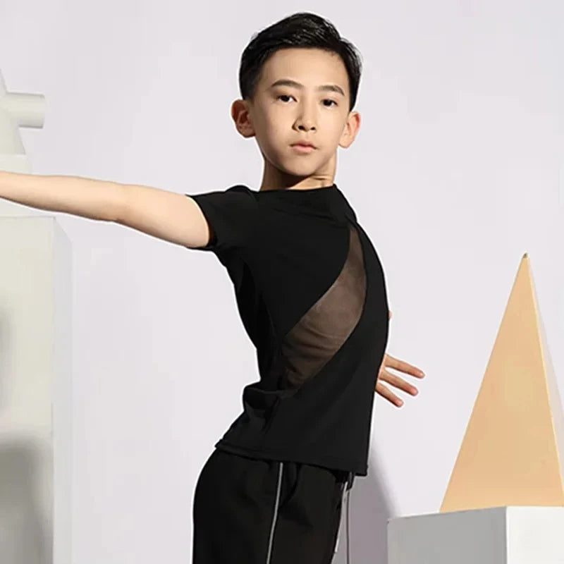 Boys Latin Dance Costume Short Sleeve Top Kids Latin Dancing Shirts Competition Performance Wear Samba Salsa Practice Clothing