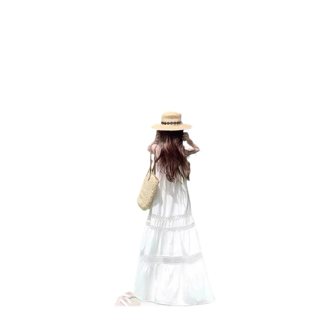Parent Child Matching Mother and Daughter White Camisole Dresses Summer Hollow-out Embroidery Resort Style Seaside Beach Dresses