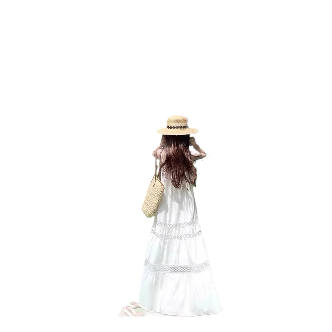 Parent Child Matching Mother and Daughter White Camisole Dresses Summer Hollow-out Embroidery Resort Style Seaside Beach Dresses