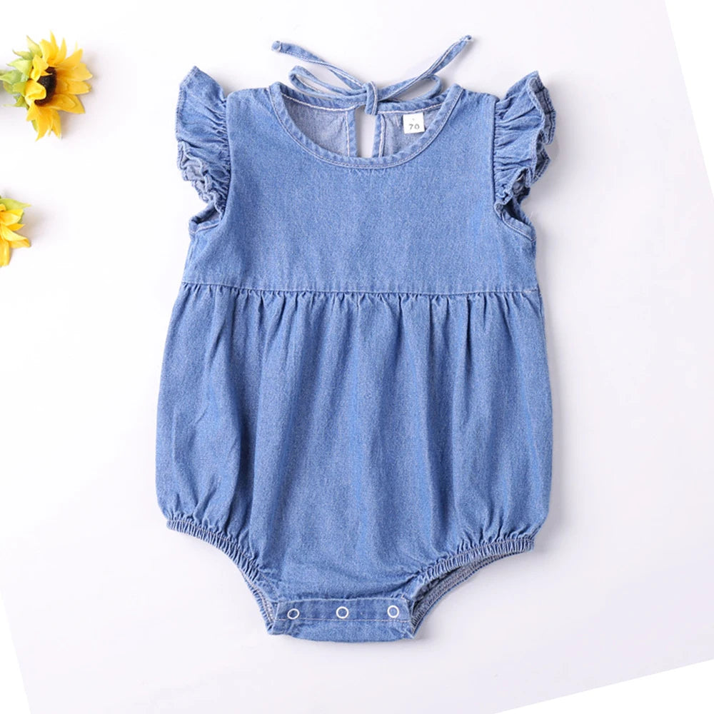 Baby-Mädchen Strampler Kleinkind Rüschen Strampler Baumwolle Denim Fliege Ärmellos Sommer Bodysuit Sonnenanzug Outfits Neugeborenen Overall