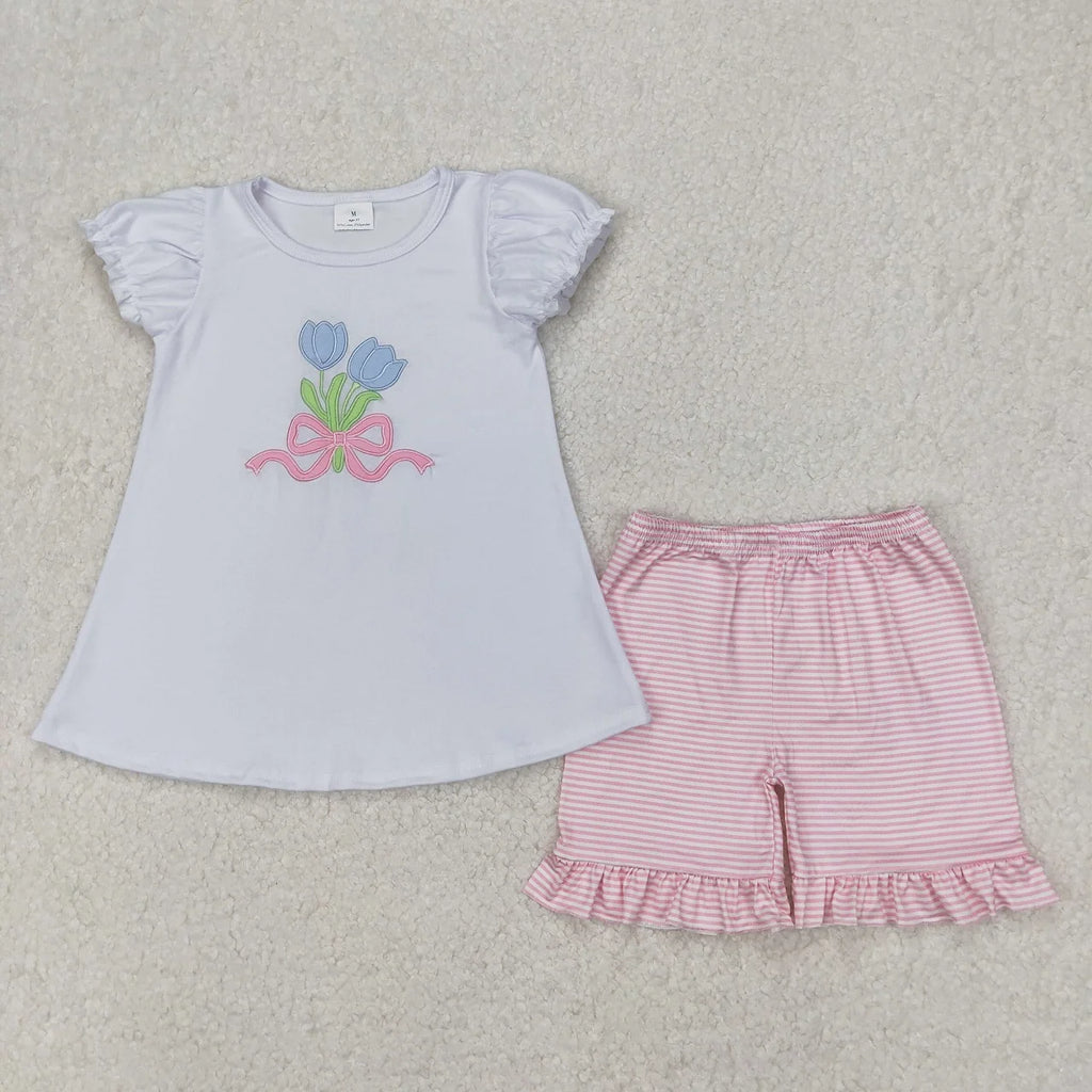Wholesale Toddler Embroidery Baby Girl Sleeveless Flower Stripes Shirt Ruffle Blue Cotton Shorts Clothes Outfit Children Kid Set