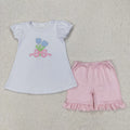 Wholesale Toddler Embroidery Baby Girl Sleeveless Flower Stripes Shirt Ruffle Blue Cotton Shorts Clothes Outfit Children Kid Set