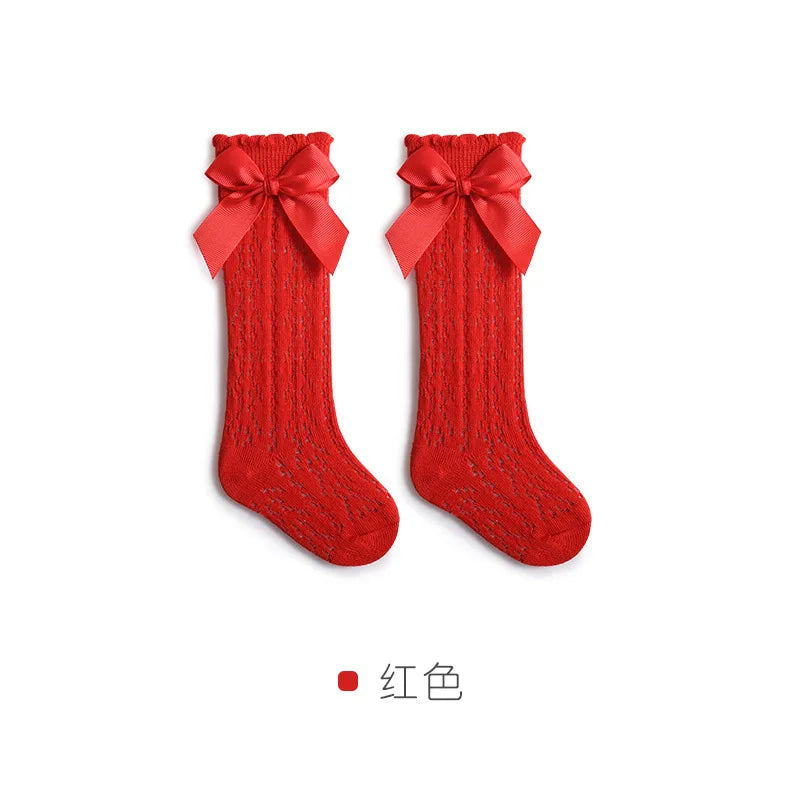 Baby Knee High Socks Kids Girls Boys Bow Long Sock Soft Cotton Mesh Breathable Children Hollow Out Socken for 0-3 Years Old