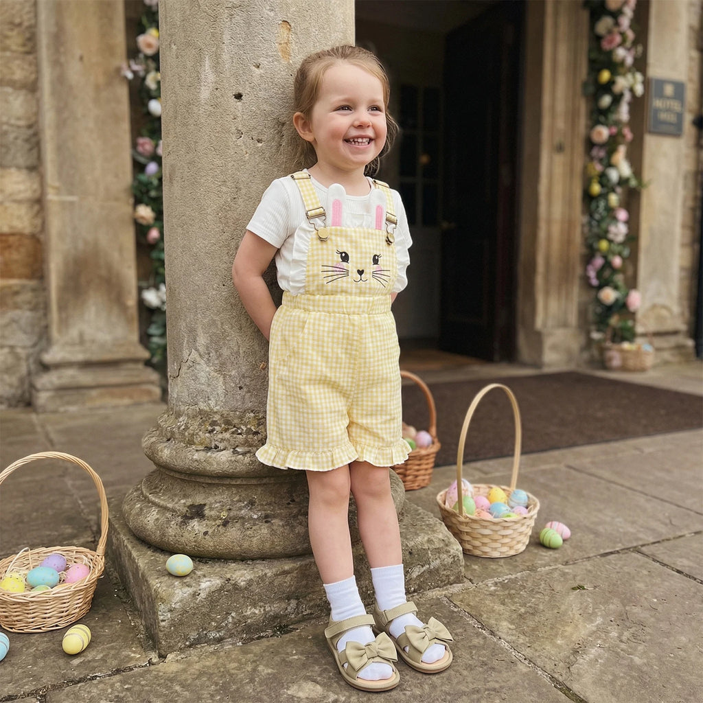 Kinder Mädchen Hasen Overall mit Taschen Niedlicher Hase Rüschenbesatz Ärmelloser Jumpsuit Shorts für Ostern