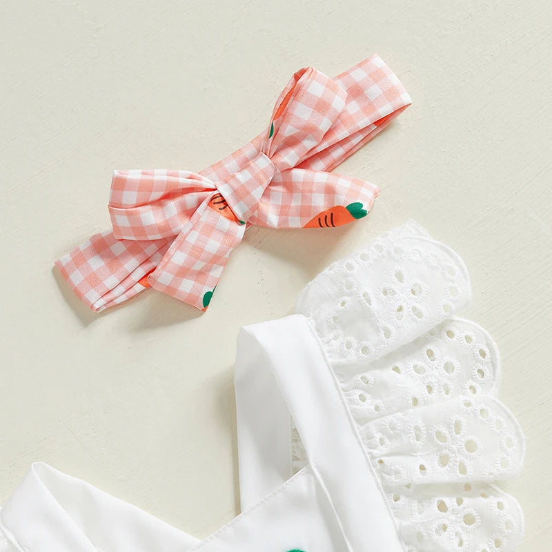 VISgogo Conjuntos de Pascua para Bebé Niña: Bodysuit Calado sin Mangas Cuello Cuadrado con Estampado de Zanahorias y Diadema con Lazo