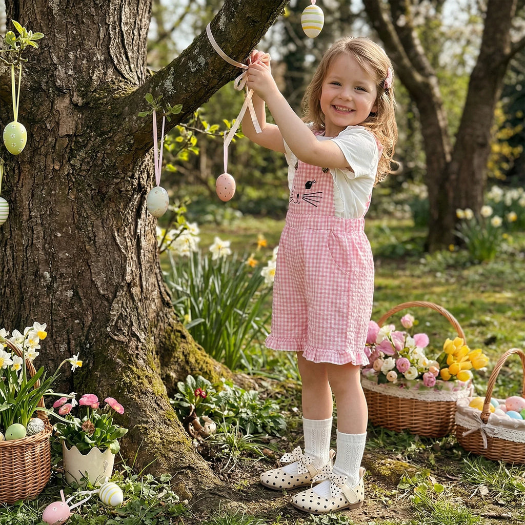 Kinder Mädchen Hasen Overall mit Taschen Niedlicher Hase Rüschenbesatz Ärmelloser Jumpsuit Shorts für Ostern