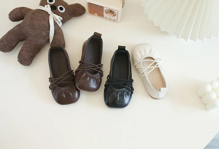 Baby Girls Leather Shoes Soft Princess Ruffles Pleated Mules Kids Casual Flats Slip-on 2025 Autumn New Children's Dress Shoes