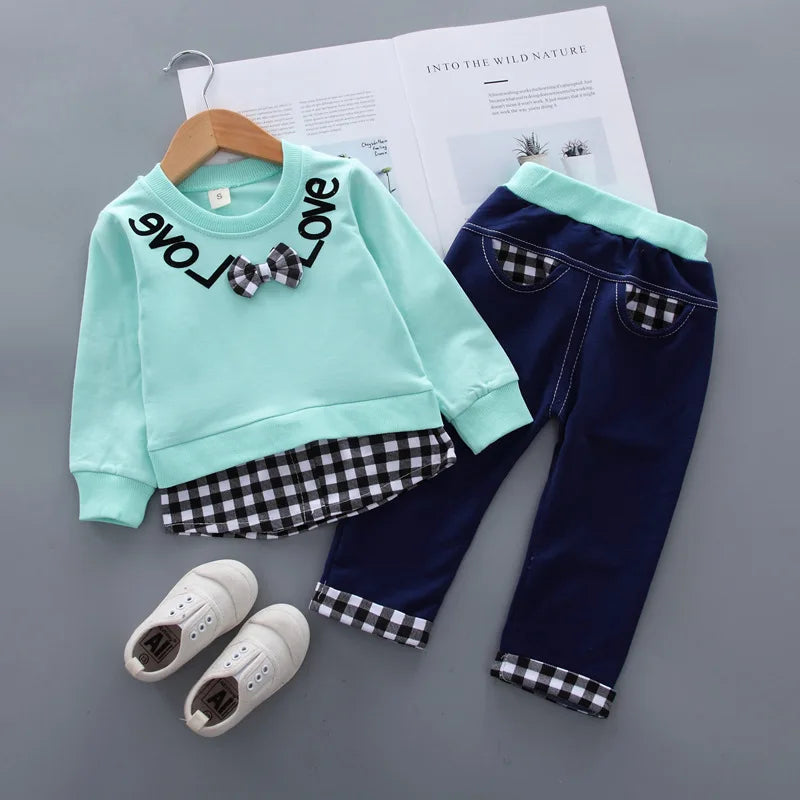 Children's Clothing Sets Bow Plaid Long Sleeve Top + Pants 2pcs Sets Toddler Girl Clothes Kids Boutique Clothes Baby Outfit Set