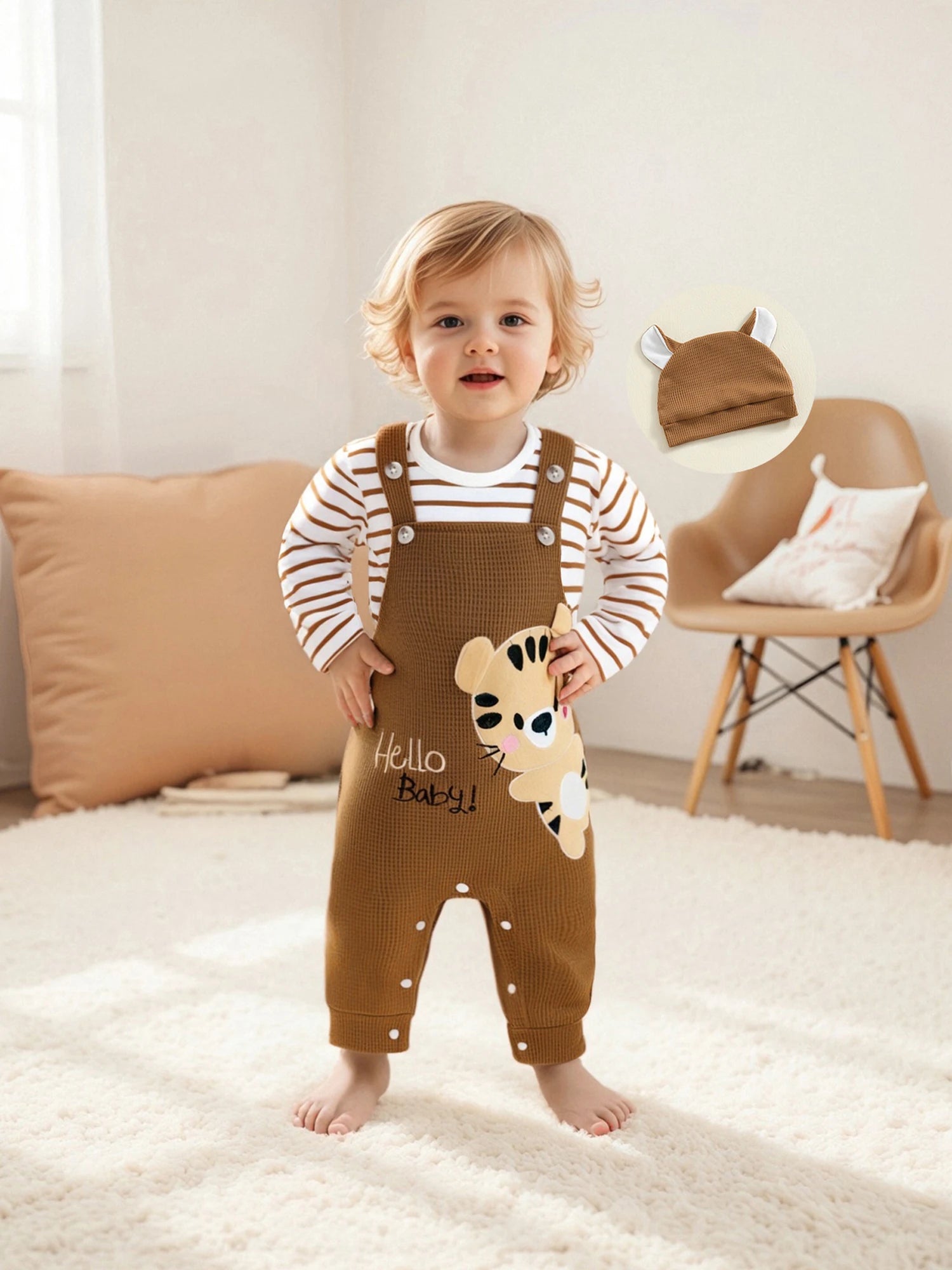 Tregren 0–18 Monate Baby Jungen Bekleidungssets Modischer Langarm gestreifter Strampler mit Tiger bestickter Latzhose und Hut