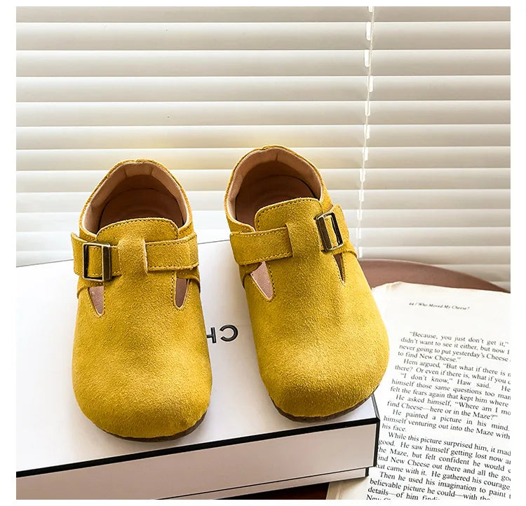 Baby Single Leather Shoes Boys Girls Candy Color Spring Flats Children Metal Buckle Design Genuine Leather Flats For School