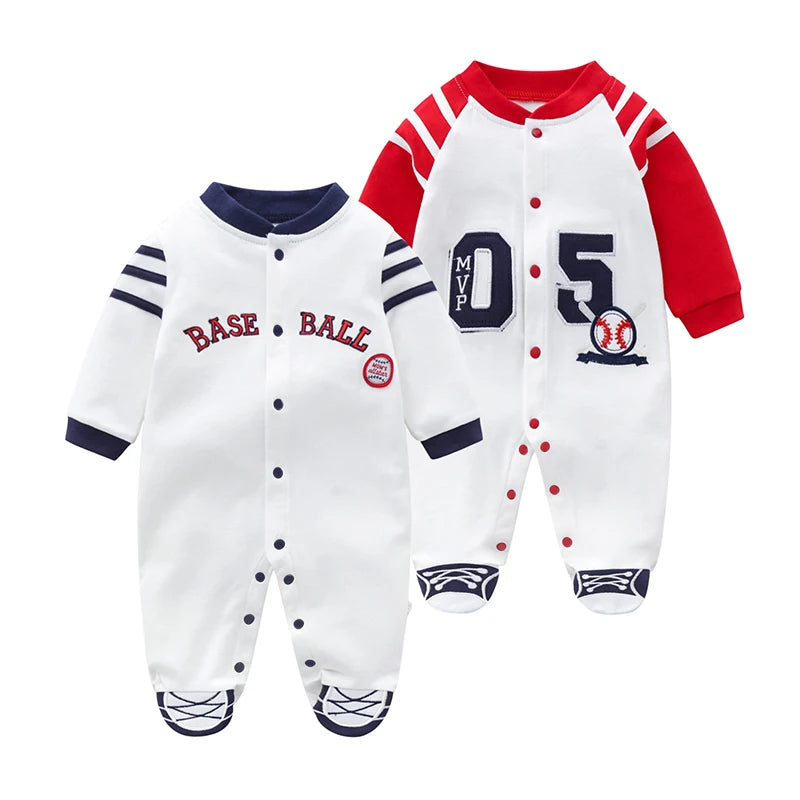 Baby jumpsuit spring & fall pure cotton long-sleeved newborn clothes 0-1 year old baby baseball uniform foot-covering hoodie