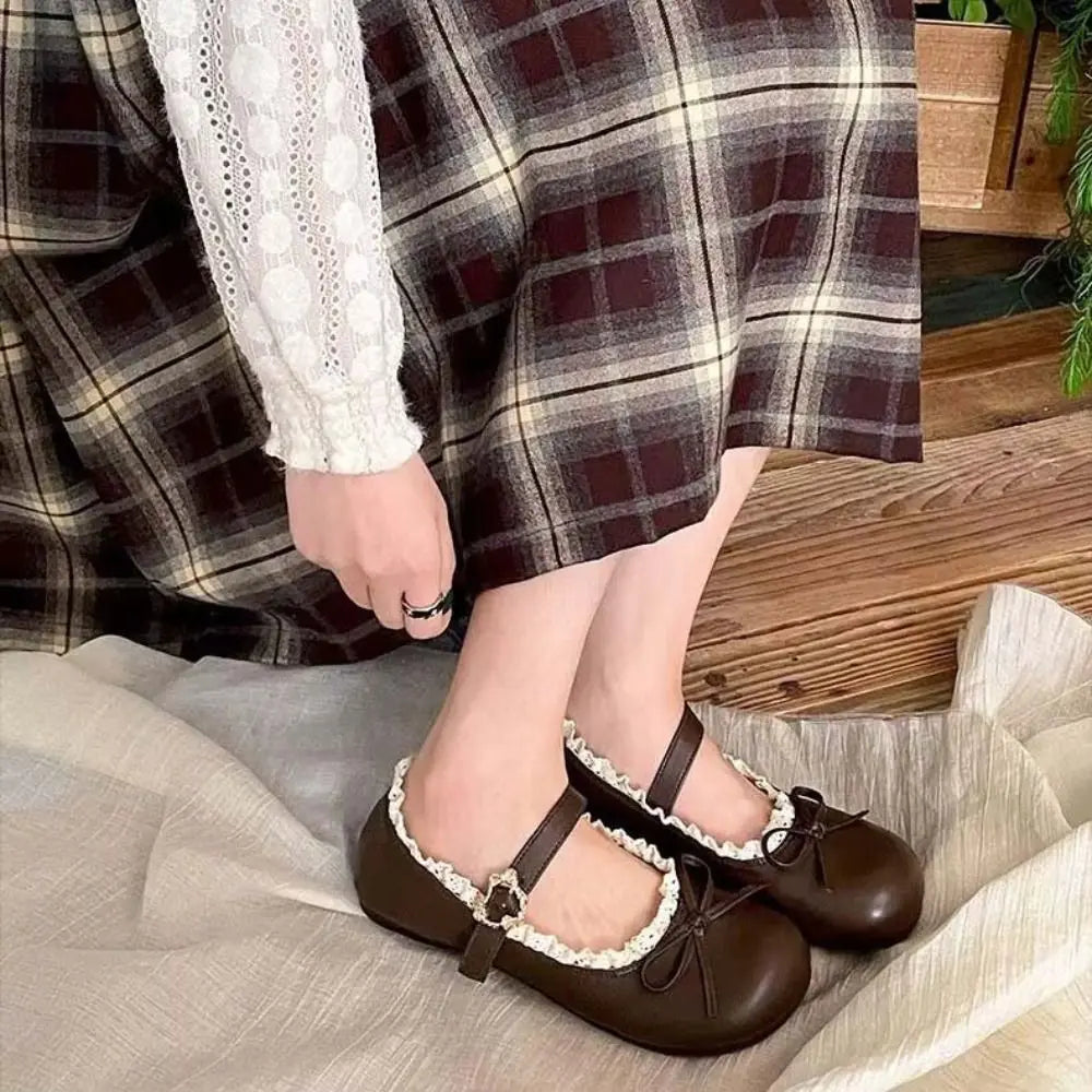 Fashion PU Leather JK Flat Shoes Lace Ruffled Sweet Casual Ballet Flats Soft Sole Bow Slip On Loafers Girls