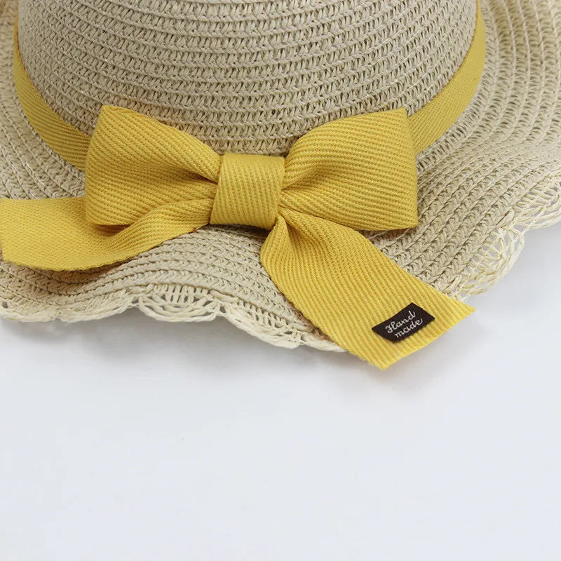 Summer Girls Beach Sun Hats Lotus Leaf Brim Cute Squinting Eyes Bowknot Outdoor Sun Protection Children Straw Cap Kids