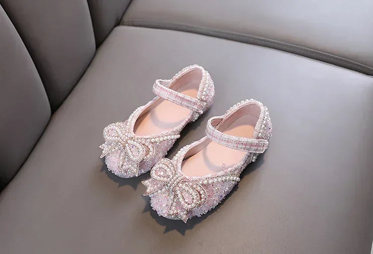 Sandalias para niñas, moda, lentejuelas, diamantes de imitación, lazo, zapatos de princesa para bebé, sandalias planas para niños, tallas 21-36