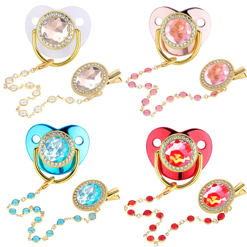 All Zircon Baby Pacifier Crystal Beads Chain Clips with Cover Newborn Boys Girls Silicone Pacifiers Holder Infant Shower Gifts