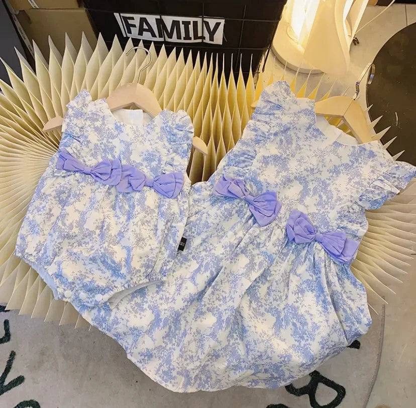Family Matching Clothes Spring Summer Dress Mother Daughter Sleeveless Cotton Dress Father Son Shirt Baby Girl Cute Bow Dress