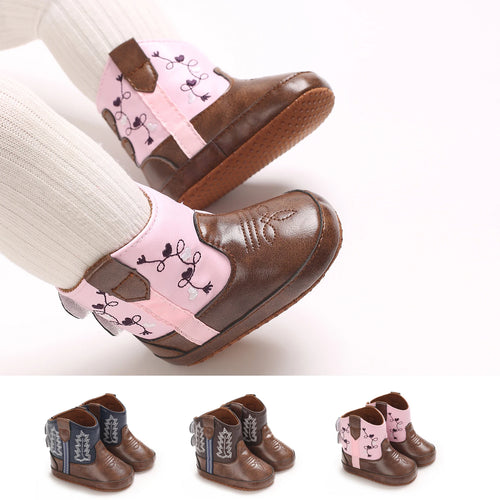 Leather Western Boots Cowboy Bootie Soft Sole Non-Slip Crib Shoes for Baby Infant Toddler Girls Boys Newborn