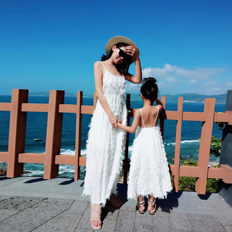 Mom Daughter Dress Solid Color Long Gown Family Matching Outfits Halter Dress With Suspenders New Fashion Mommy Girls Clothes