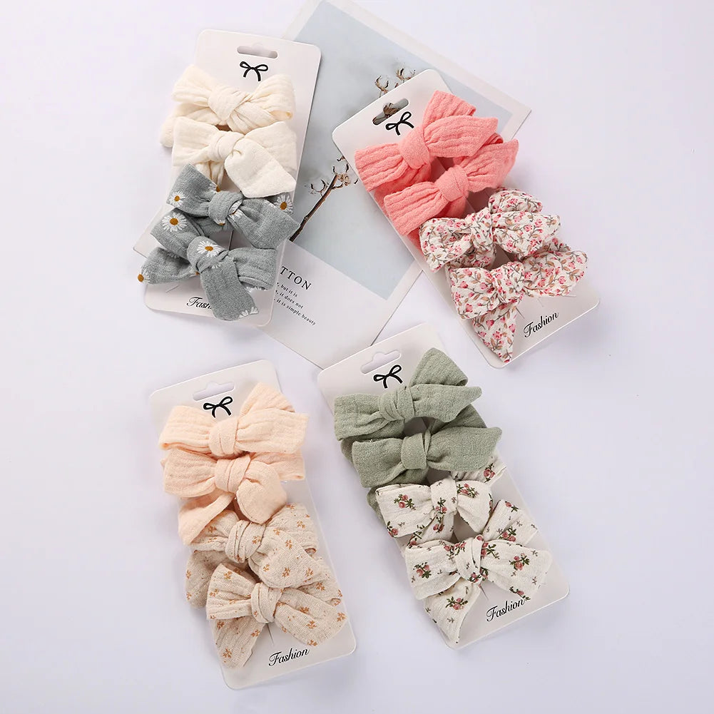 4 Stk./Set Baby Schleifen Haarklammern Musselin Mädchen Haarnadeln Haarspange für Kinder Baumwolle Leinen Haarspange Blumendruck Seitenklammer Accessoires