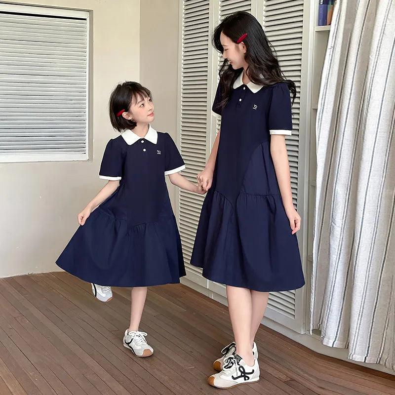 Summer Family Matching Polo Dress for Mother and Daughter Look Casual Clothes Mom and Me Matching Outfits Women Girl Dresses