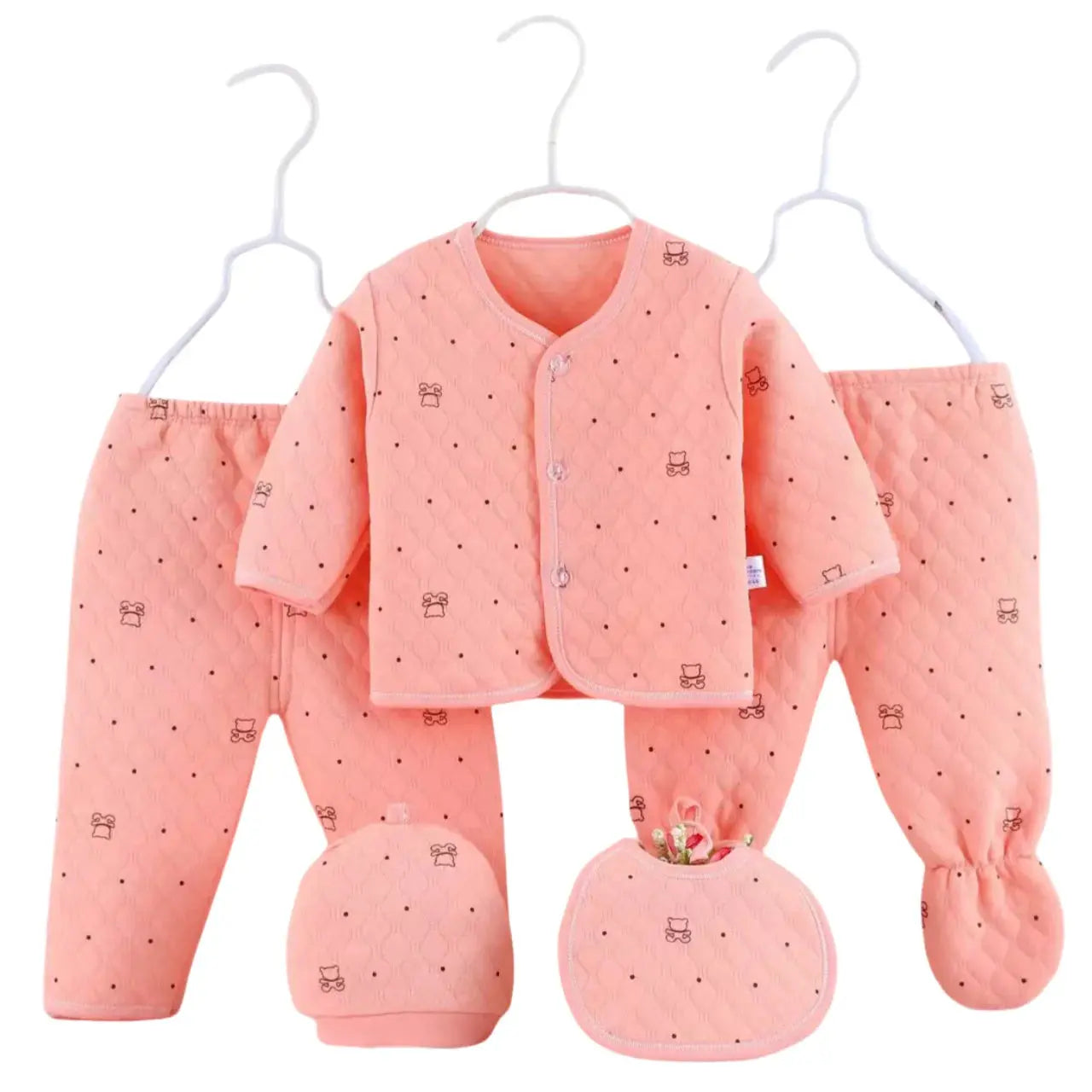 Baby Stepp-Bekleidungsset aus Baumwolle Warme Kleidung für Säuglinge Neugeborenen-Schlafanzug mit Mütze & Lätzchen 5-teiliger Anzug