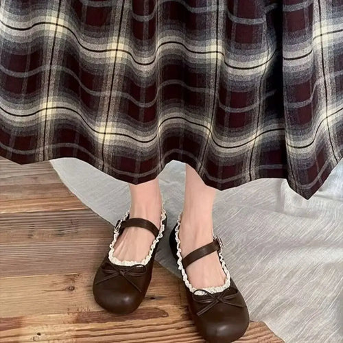 Lolita PU Leather JK Flat Shoes Bow Sweet Casual Ballet Flats Lace Ruffled Soft Sole Slip On Loafers Girls