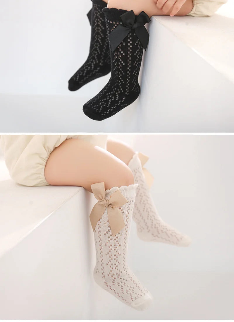Baby Knee High Socks Kids Girls Boys Bow Long Sock Soft Cotton Mesh Breathable Children Hollow Out Socken for 0-3 Years Old