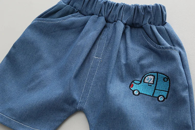 New Baby Boys Clothing Sets Summer Cartoon Car T Shirt +Denim Shorts Toddler Infant Kids Casual Infant Clothes Suits 1-5 Years
