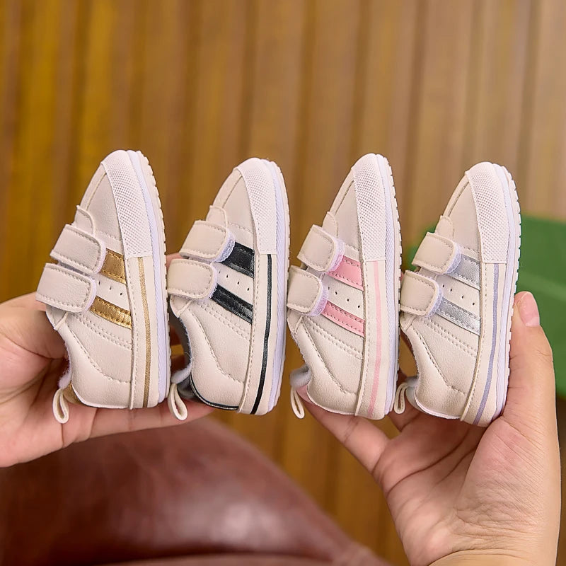 Suitable for Spring and Autumn, Indoor and Outdoor Use, Baby Boy and Girl Walking Shoes, Two-Color Stripe Decoration, Pu with Two Velcro Straps, Rubber Sole, Casual Fashion Sneakers for 0-1 Year Old Babies