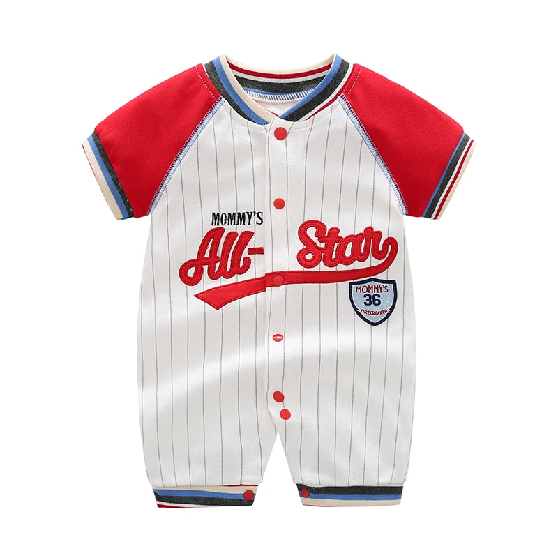Baby One-Piece Clothing, Pure Cotton, Summer Outfit for 100-Day-Old Babies, Short-Sleeve, Stylish and Trendy Thin Baseball-Style Romper for Boys