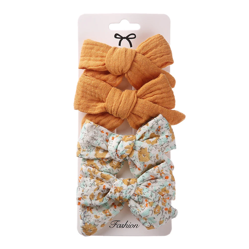 4Pcs/Set Baby Bows Hair Clips Muslin Girls Hairpins Hairclip For Kids Cotton Linen Barrette Flower Print Side Pin  Accessories