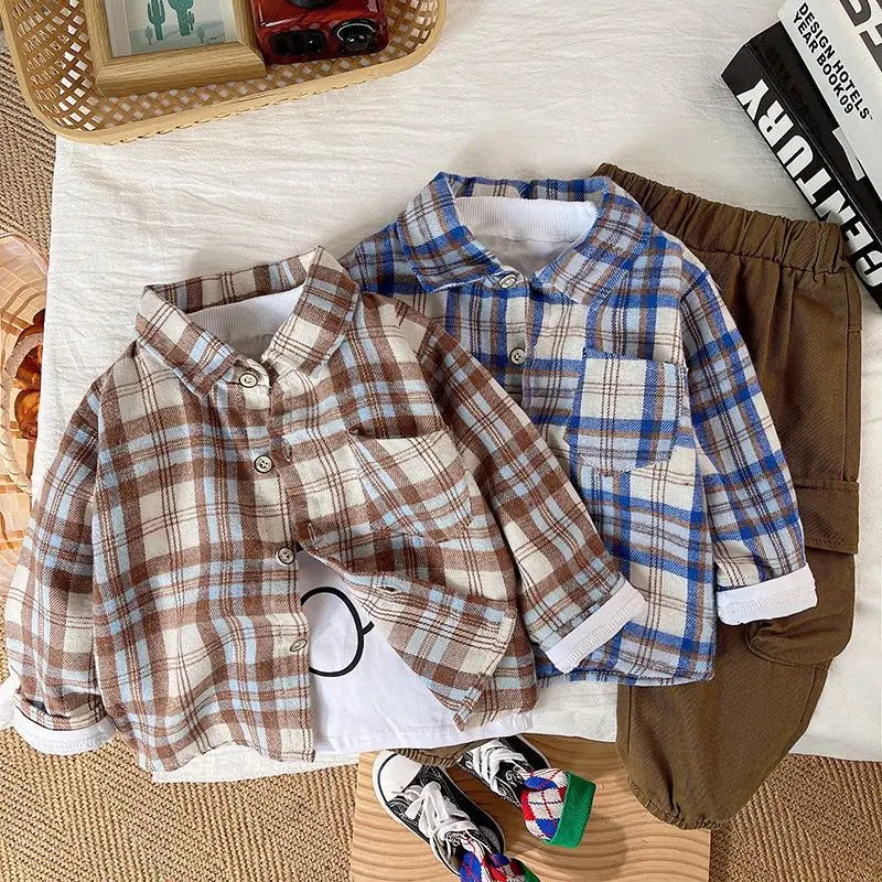 Jungen 3-teiliges Set Frühling Herbst Kleidung Anzug Langarm T-Shirt Kariertes Hemd Knöchellange Hose Kinder Set Outfits Jungen 1-5 J