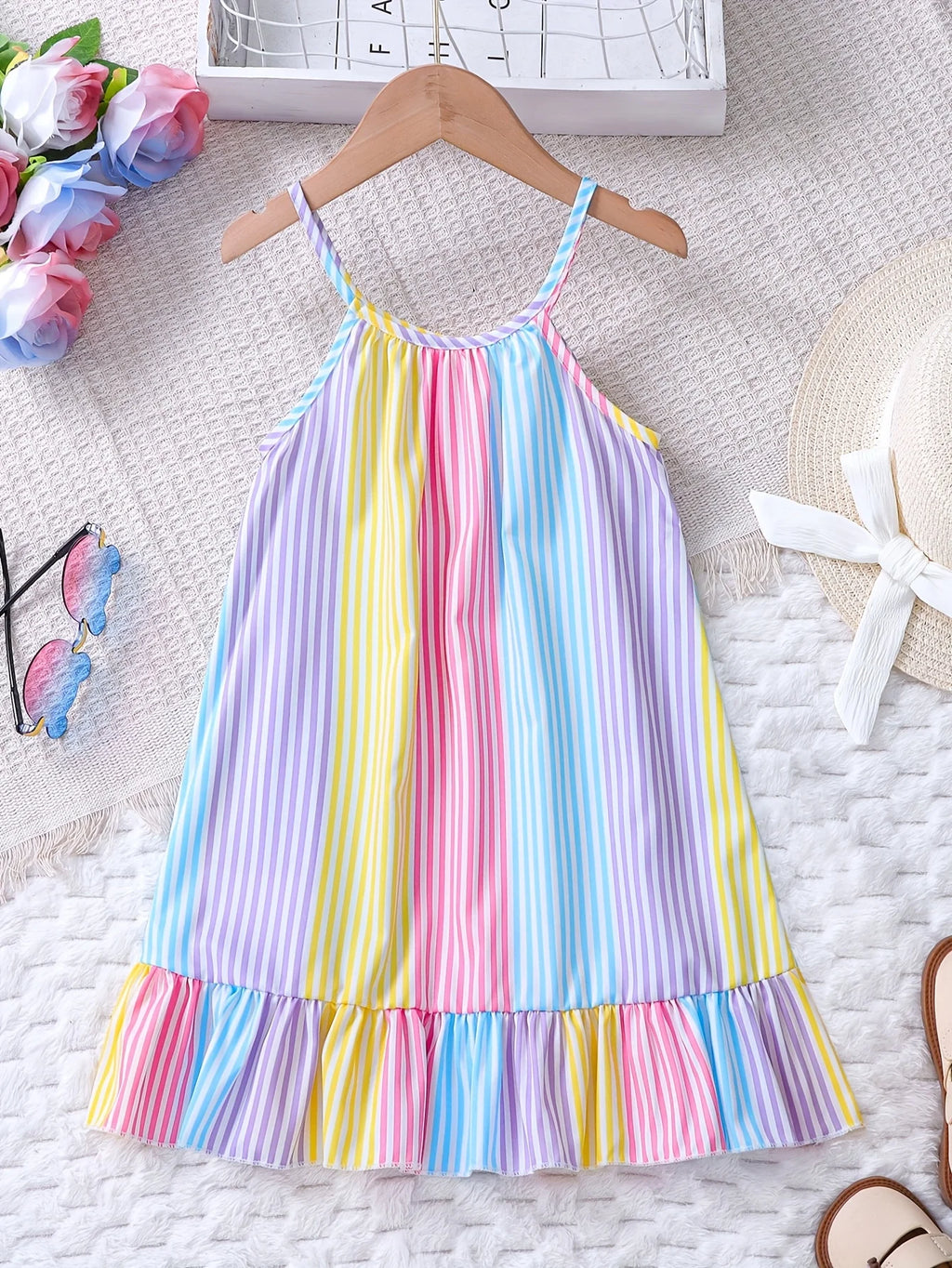 Vestido de verano a rayas de colores con dobladillo de volantes para niñas, vestido de tirantes para vacaciones de verano en la playa para niños
