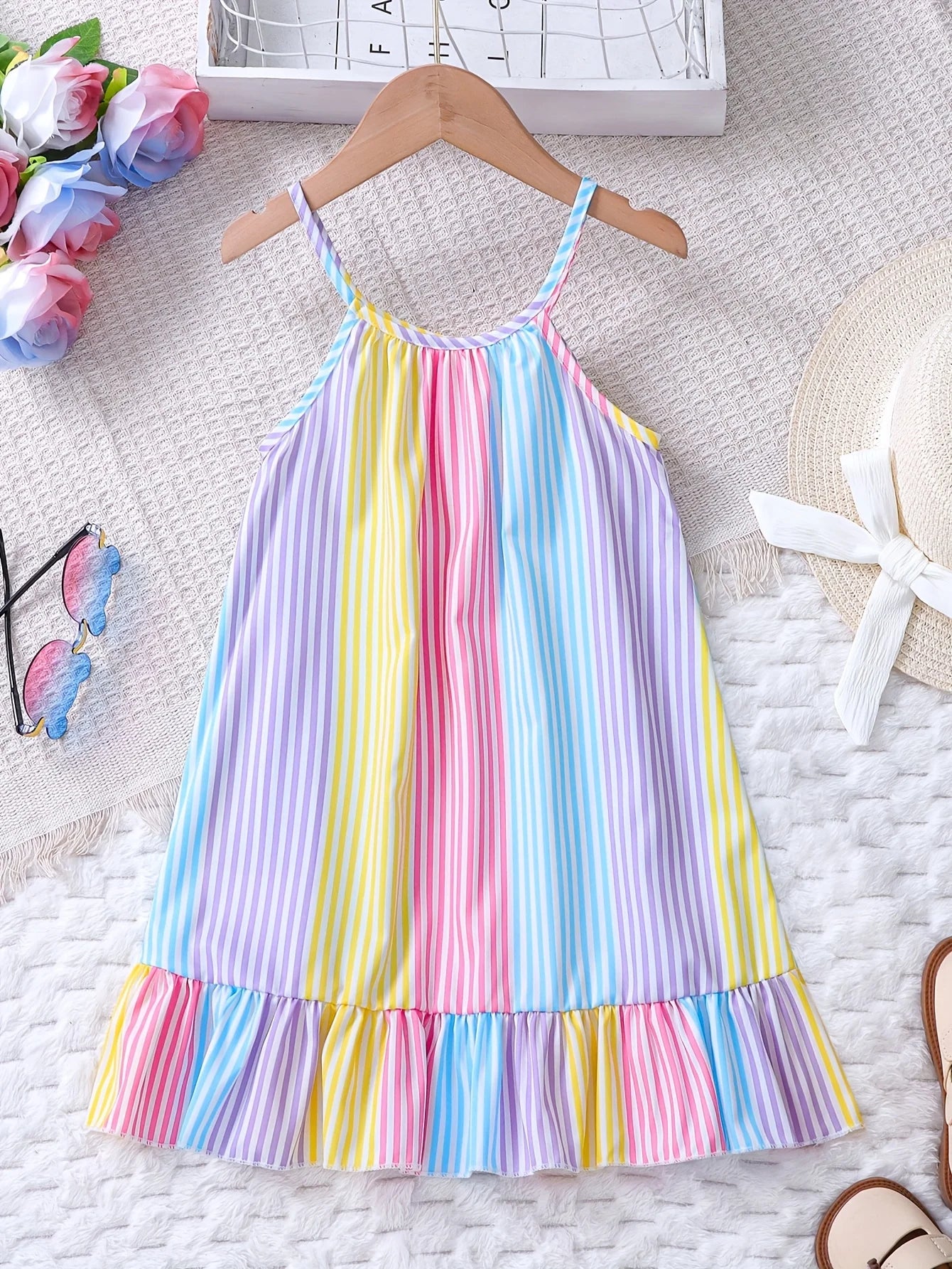 Vestido de verano a rayas de colores con dobladillo de volantes para niñas, vestido de tirantes para vacaciones de verano en la playa para niños