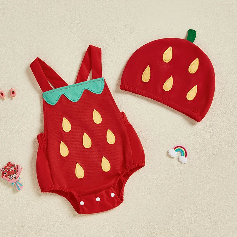 0-18 Monate Kleinkind Neugeborenes Baby Sommer-Outfit Freizeit Ärmelloser Früchte-Overall Strampler mit Hut 2-teiliges Set für Jungen und Mädchen