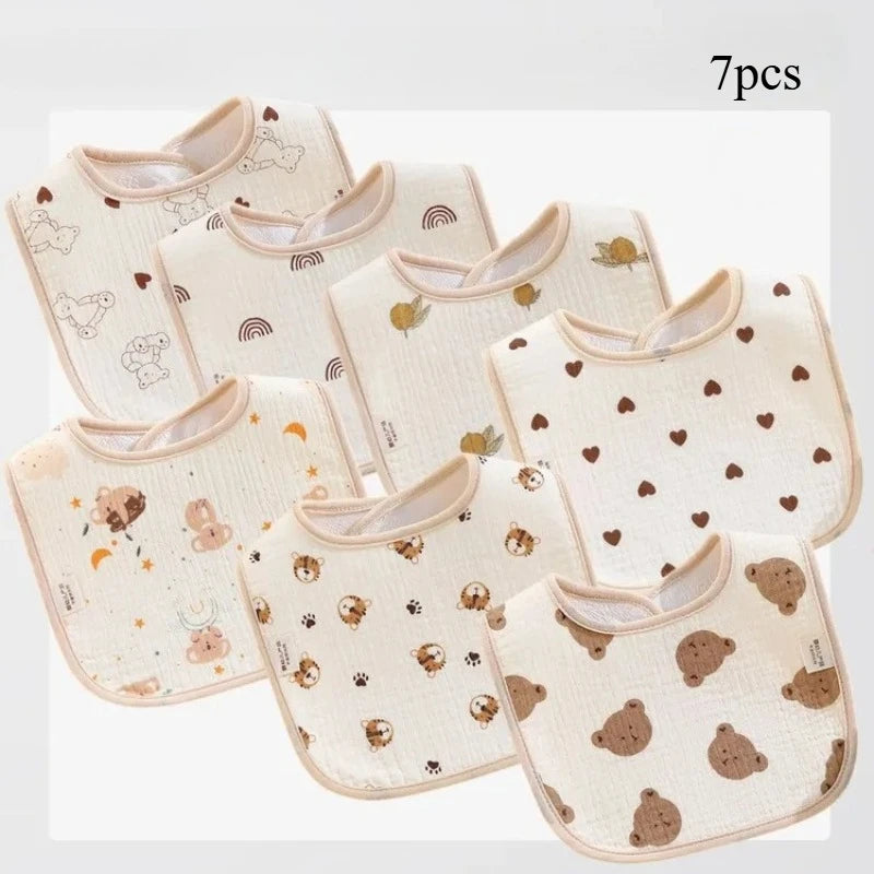 7pcs Cotton Baby Bibs Waterproof Burp Cloths Newborn Saliva Towel Cartoon Print Babies Accessories Baby Feeding Bib Items