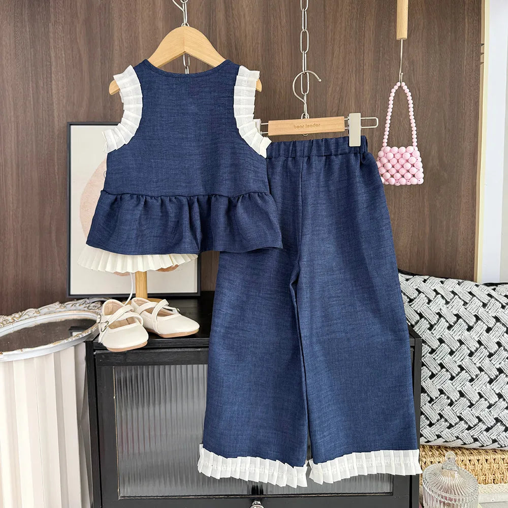 Bear Leader Koreanische Version Kinderkleidung Mädchen Blauer Imitations-Jeansanzug Sommer Neu Ärmelloses Oberteil + Weite Hose Zweiteiler Set