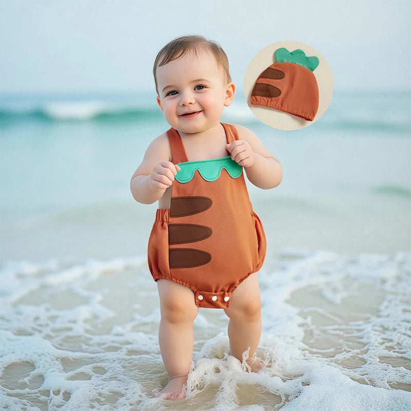0-18 Monate Kleinkind Neugeborenes Baby Sommer-Outfit Freizeit Ärmelloser Früchte-Overall Strampler mit Hut 2-teiliges Set für Jungen und Mädchen