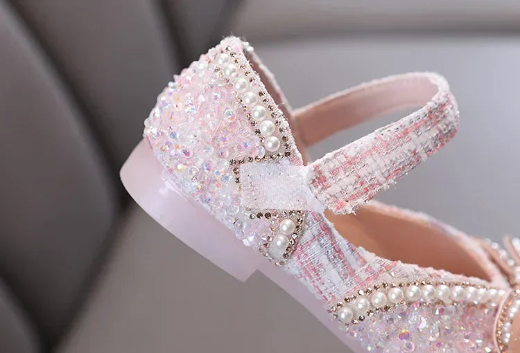 Sandalias para niñas, moda, lentejuelas, diamantes de imitación, lazo, zapatos de princesa para bebé, sandalias planas para niños, tallas 21-36