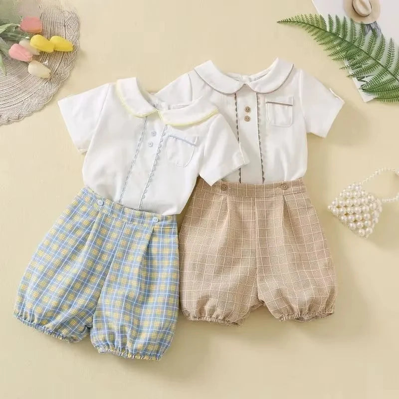 Spanish Toddlers Clothing Baby Boys Clothes Boutique Sets Outfit White Shirt Short 2pcs Plaid Pants Children Costume Kids Casual