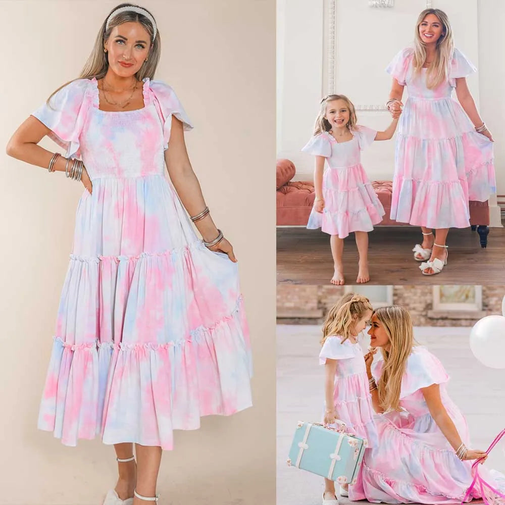 Mother and Daughter Matching Outfits Vestidos Family Matching Dresses Floral Printed Beach Family Look Dress
