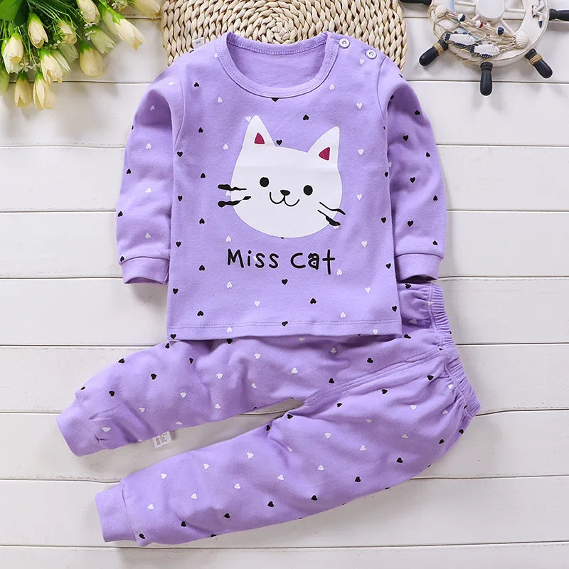Ropa de casa para bebé niña, pijamas, pantalones largos, camiseta, ropa interior de dibujos animados, conjunto de ropa de 2 piezas con estampado de gato de dibujos animados para niñas de 0 a 6 años
