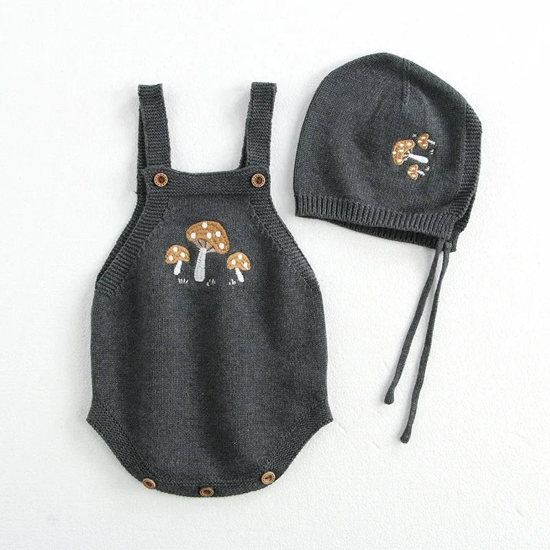 Baby Girl Clothing Cotton Knit Mushroom Embroidered Onesie Bodysuit and Beanie 0-3Y Baby Boy Clothes Cardigan Casual Outfit