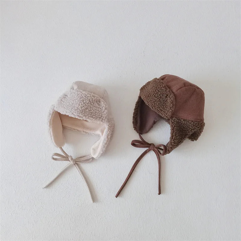 Otoño Invierno Niños Más Terciopelo Orejeras Cortavientos Frío Cálido Gorra de Pana Niño Niña Bebé Vellón Algodón Gorro Grueso Liso
