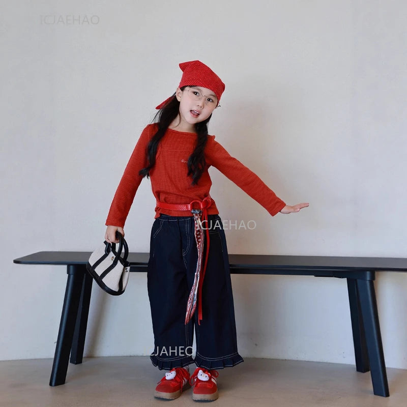 Matching Mother Daughter Children Orange Casual Outfit Straight Leg Jeans with Ribbon Trim Wide Leg Soft Denim Pants and Top Set