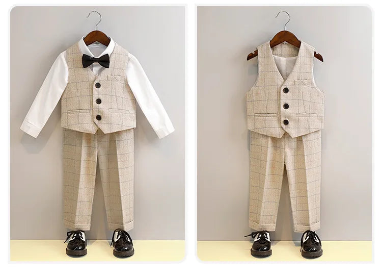 Atuendo de niño florista para bodas, chaleco formal, pantalones, pajarita, conjunto de 3 piezas para actuación de anfitrión de piano/discursos.